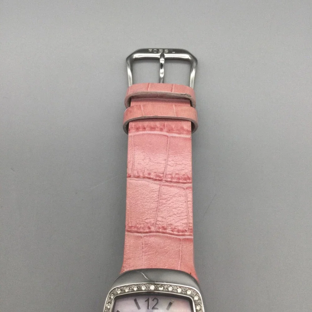 Fossil F2 Womens Watch 25mm Pink MOP Dial Leather Silver Tone Date New Battery